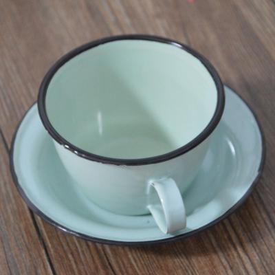 China Retro Sustainable Enamel Tea Cups and Saucers Set, Enamel Coffee Cups and Saucers Set for sale