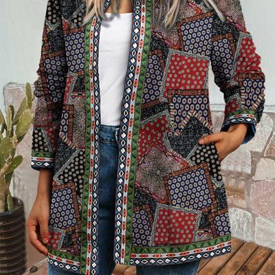 China Anti-wrinkle autumn and spring women plus size long drop outdoor print knit women's tight lapel jacket coat for sale