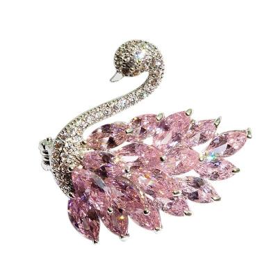 China Copper women's swan brooch pink crystal copper micro-inlaid zircon brooch fashion coat suit brooch for sale