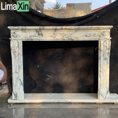 China Classic UK Style Stone Fireplace Design Luxury Hand Carved Italian Arabescato White Marble Mantel for sale