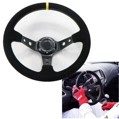 China High Quality Sports Universal 350mm Suede Steering Wheel 14inch Classic Deep Corn Black Steering Wheel for sale