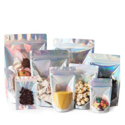 China Recyclable Front Packaging Hologram Holographic Rainbow Color Food Storage Smell Proof Smell Proof Resealable Ziplock Zipper Mylar Bags for sale