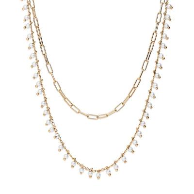 China CLASSIC Fashion 18K Gold Bohemia Delicacy Dangle Paper Clip Pearl and White Beads Chain Layering Necklace for sale