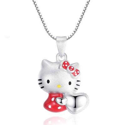 China Vintage Solid 925 Sterling Silver Color Enamel 3D Hello Kitty Queen Pendant Necklace for Girls Jewelry Gifts for sale