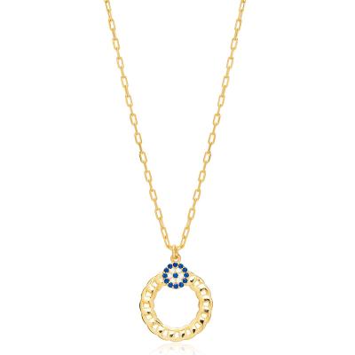 China Wholesales Romantic Blue And Eye Evil White CZ 925 Sterling Silver Circle Link Chain Pendant Necklace for sale