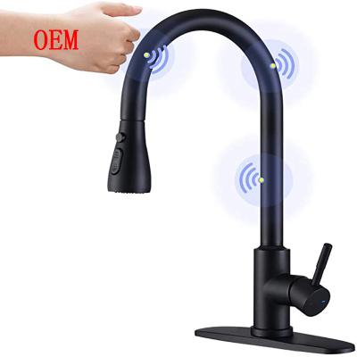 China Pull Out Touch Sensor Kitchen Faucet Black Touchless Brushed Surface Treatment for sale