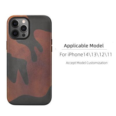 China Camouflage Style Vegetable Tanned Shockproof Leather Case For iPhone14Pro Custom First Layer Cover Genuine Leather Case For iPhone13 12max for sale