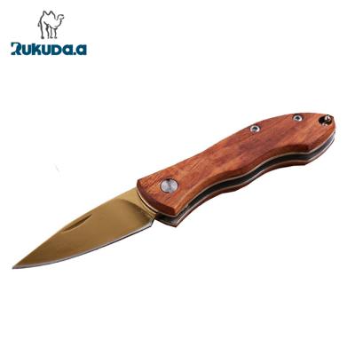 China Hunting Knife OEM No Lock Wood Handle Titanium Knife Gold With Chain Folding Key Pocket Knives for sale