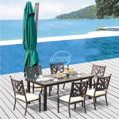 China Modern 6 Seats Cast Aluminum Set Long Derong Outdoor Dining Table Sets for sale