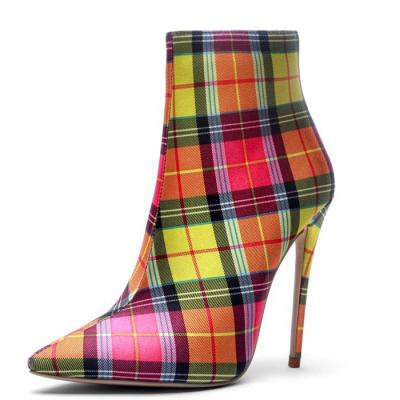 China Sale Size 43 Women's Ankle Boots Plaid Fabric 12cm Stiletto Anti-Smell High Heels Fashion Short Boots for sale