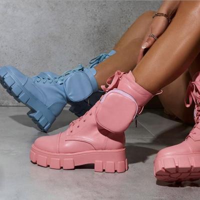 China Anti-Smell Candy Color Women Short Boots Flat Around Toe Mid-Calf Boots With Pockets Lace Up Side Zipper Booteis for sale