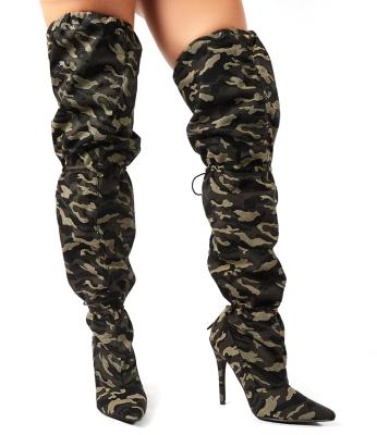 China Anti-Smell Thigh High Camouflage Women's Boots Long Pointed Toe High Heels Overknee Stiletto Boots for sale