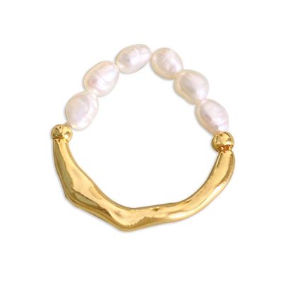 China High Quality Pearl Ring Stainless Steel Ring For Women 18K Gold Plated Baroque Freshwater Pearl Adjustable Elastic Rope Ring for sale