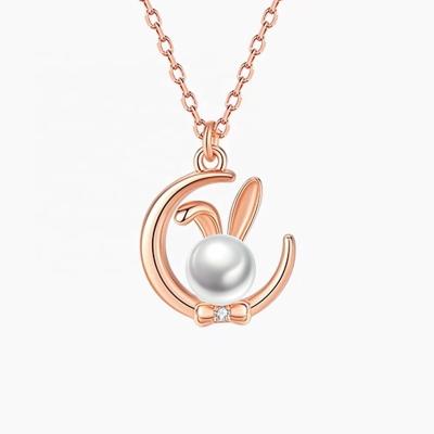 China Lovely Cute Moon Rabbit Necklace Earring Plated Rose Gold Jewelery Set 100% 925 Sterling Silver Freshwater Pearl Jewelry For Women for sale