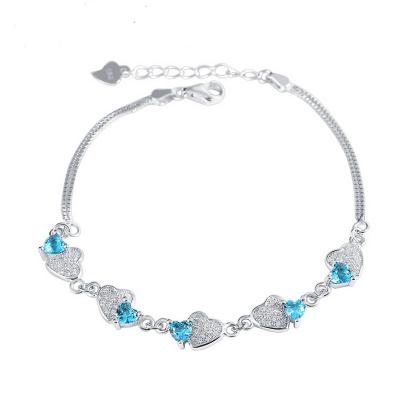 China FASHIONABLE Silver Blue S925 Crystal Heart Bracelets Double Hearts Jewelry Set Korean Style Central Statistical Micro-inlaid Zircon Simple Handmade Love Bracelet for sale