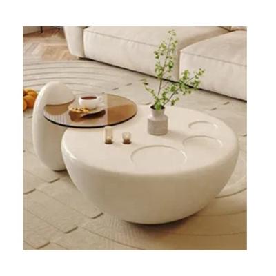 China Creamy style 2023 hot sale egg coffee table set round wooden glass coffee table living room fresh clean tv stand and coffee table set for sale