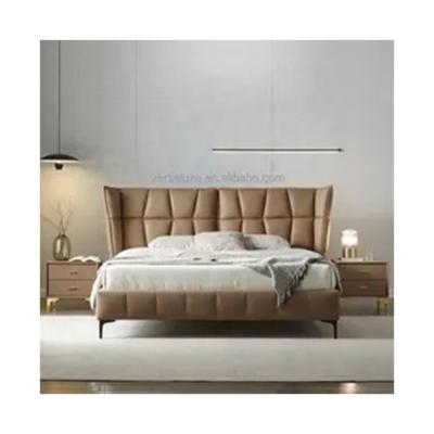 China Adjustable (other) Italian minimalist leather double bed muscle design husk bed Upholstered With Headboard solid wood bedroom set double soft bed for sale