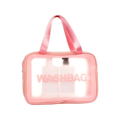 China Eco-friendly Custom Logo Travel Transparent Vinyl Waterproof Beach Zipper Cosmetic Bag Clear PU PVC Toilet wash Bag custom With Handle in sto for sale