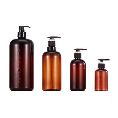 China Cosmetic Packing Amber Brown PET Boston Round Lotion Shampoo Bottle Cylinder Boston PET Plastic Sprayer Bottle For Cleaning for sale