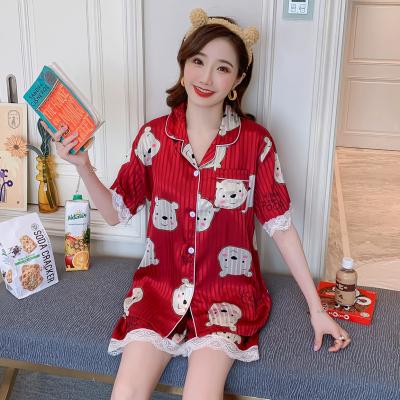 China Breathable Women Pajamas Spring And Autumn Ice Silk Short Sleeve Shorts Home Clothing Summer Imitation Silk Suits Both Can Be Worn for sale