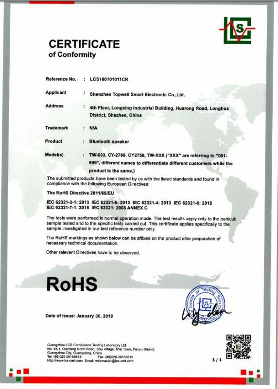 RoHS - Shenzhen Topwell Smart Electronic Co., Ltd.