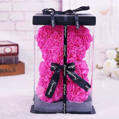 China Recycled Materials Custom Valentine Mother's Day Gift Clear Window With Box 10 Inch Flower Rose Teddy Bear Box for sale