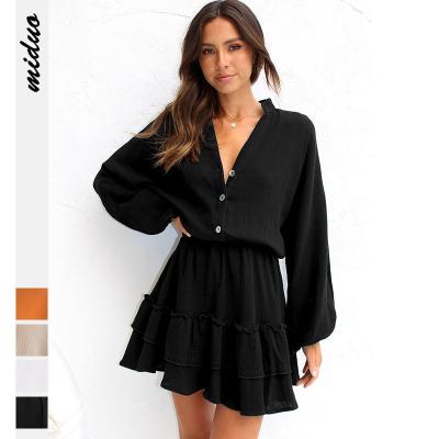 China Anti-static Women's Casual Shirt Dress Autumn Solid Color Half Sleeve V Neck Casual Short Dress for sale