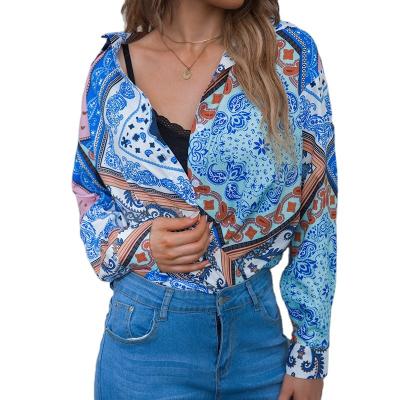 China Anti-wrinkle Women Clothing Women V Neck Shirt Blue Printed Ladies Long Sleeve Bohemian Shirt 2023 New Style for sale