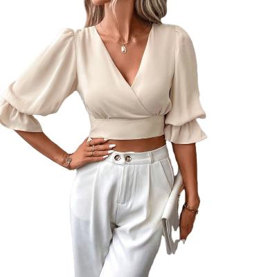 China Anti-wrinkle women's clothing shorts top hollow out design bandage decor V-neckline decor slim pullovers solid color women's sexy blouse for sale