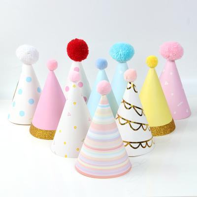 China Custom Birthday Boy Girl Party Toys Decoration Blue Baby Shower Hats Pompom Hat Paper Hats Party Decoration Happy Birthday for sale