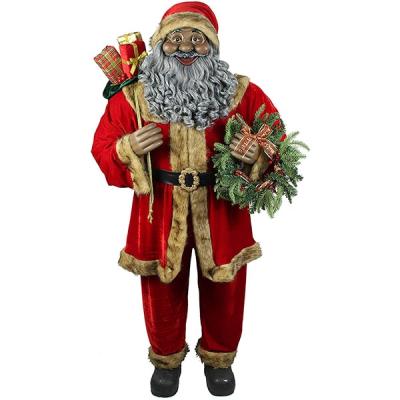 China Gift & Life Size Indoor African American Santa Claus Holding Wreath of Decorative Christmas Ornament and Wearing Velvet Costume for sale