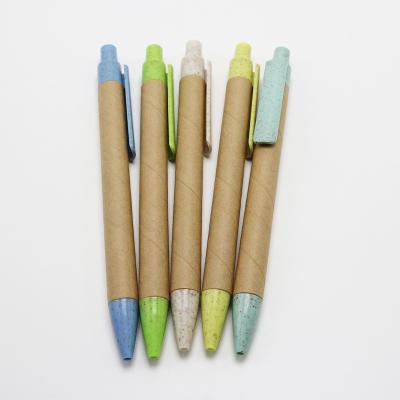 China Ball Pen Fashion Click Stylus Wheat Straw Custom Logo Paper Ballpoint Pen Paper Tube School Pen for sale