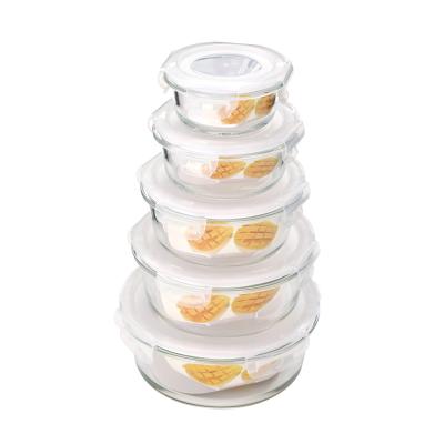 China New Design Borosilicate Round Eco Friendly Microwavable Transparent Easy Clean Glass Food Container Large Glass Food Bowls With Lid Plastic for sale