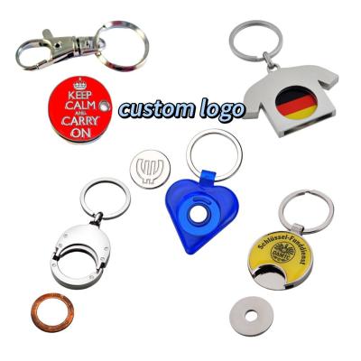 China Al por mayor Carrito de compras personalizado Chip logotipo en blanco de metal Key Ring regalo promocional carruaje monedas grabadas Holer llavero en venta