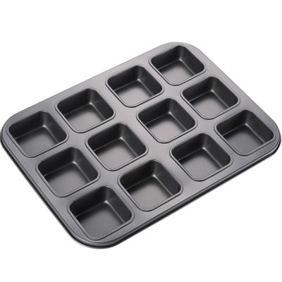 China Sustainable 12 Cavity Cake Mold Metal Oven Bakeware Microwave Square Non-Stick Square Dessert Baking Tray for sale