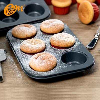 China 1/6 Sustainable Silver Black 6 Cup Bakeware Nonstick Carbon Steel Muffin Pan for sale