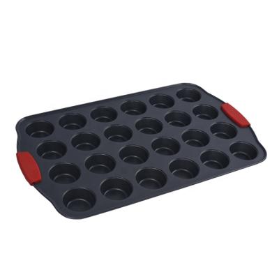 China Stocked 24 Cups Metal Carbon Steel Non-Stick Baking Cups Tray Mold With Silicone Handle Cake Tool Pro Tool Cupcake for sale