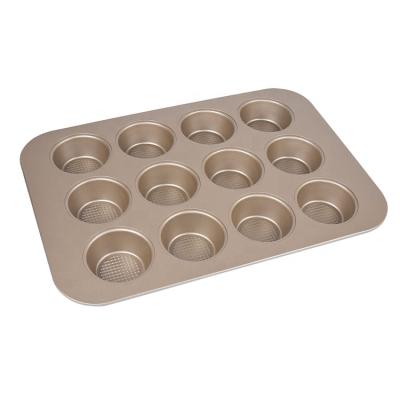 China 12 Items Sustainable Nordic Cupcake 0.8MM Thickness Diamond Bttom Carbon Steel Gold Non-Stick Coating Deep Hole Baking Tray Mold Muffin Pan for sale