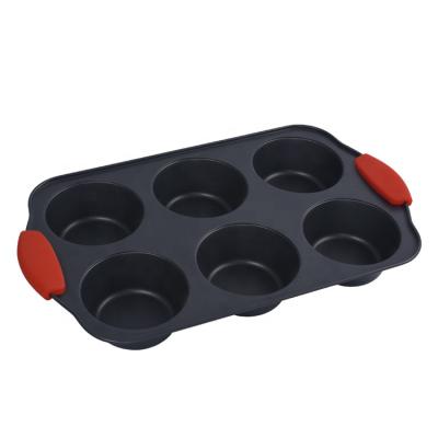 China Viable Custom Logo 6 Cupcake Tray Muffin Pan With Silicone Shallow Handle Premium Carbon Steel Liner Double Ear Cups Non-Stick Liner for sale