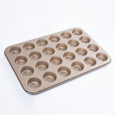 China 24 Rolls Viable Pan Mini Cake Baking Tray Carbon Steel Champagne Round Non Stick Coating Shallow Cheesecake Cup Gold for sale