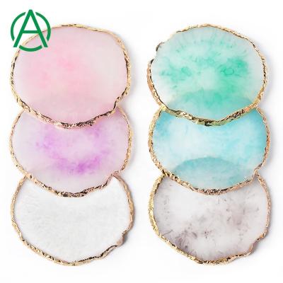 China No ArthurGem Rose Quartz Agate Coaster Crystal Geode Agate Slice Stone Coaster With Gold Trim for sale