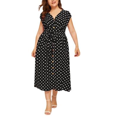 China Anti-static plus size long maxi dress women dress casual polka Dot Printed Button Belt L-5xl 2021 summer dress women clothes for sale