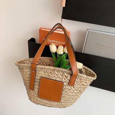 China Reusable Leather Beach Straw Bags Straw Bags Tote Summer Beach Handbags Wholesale Straw Women 2021 for sale