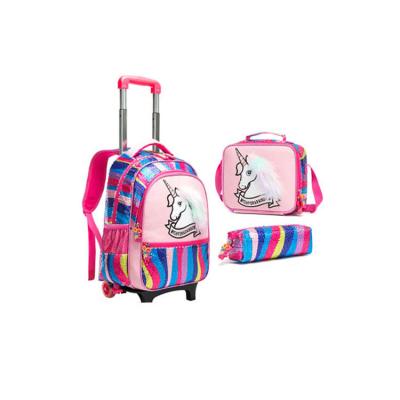 China Detachable Waterproof Sequin Trolley Backpack 3 Pcs Children Kids Girl Trolley School Bag With Wheel for sale