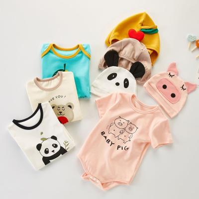 China Cozy Baby Clothes Wholesale High Quality One Line Cotton Cute Cartoon Toddler Baby Rompers With Hat Set Infant Baby Onesie for sale