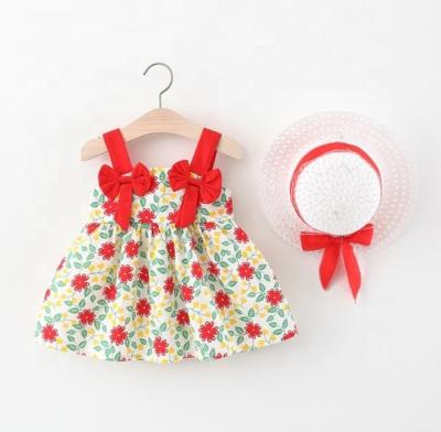 China New Design Washable Bow Sleeveless Big Girls Dress With Toddler Line One Hat Set High Quality Cotton Girls Dress Baby Infant Clothes for sale