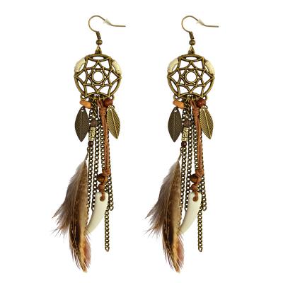 China 2022 Vintage Overdone Boho Style Fashion Dream Catcher Long Earrings Leaf Accessories for sale