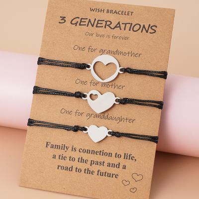 China New Stainless Steel 3-Piece Handwoven Mother's Day FASHIONABLE Heart-shaped Card Parent-child Bracelet Set for sale