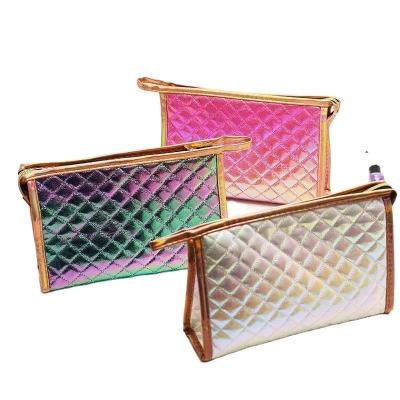 China New Fashion Large Capacity Laser PU Cosmetic Case Women Lattice Casual Square Makeup Bags Storage Colorful Portable Wash Bag for sale