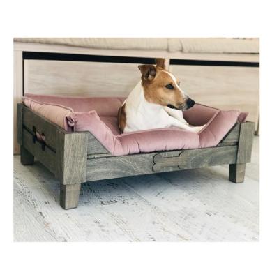 China Breathable Raised Doged Wooden Frame Nature Vanilla Velvet Wood Frame Dog Bed for sale